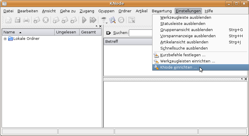 Men&uuml;: Einstellungen - KNode einrichten...
