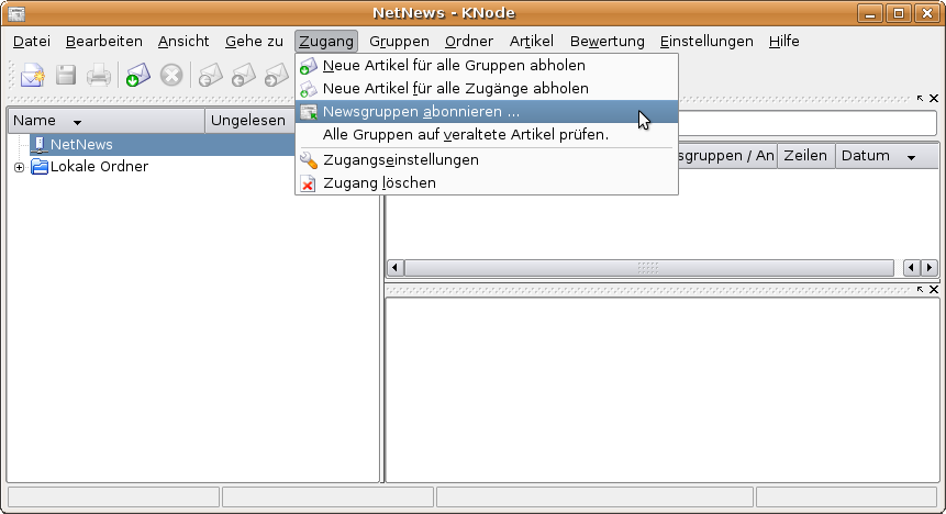 Men&uuml; Zugang - Newsgruppen abonnieren